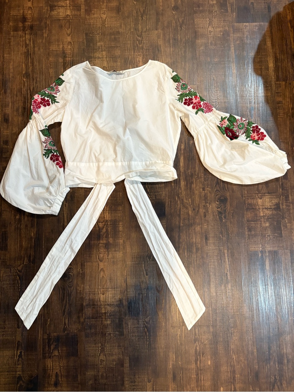 Zara White Peasant Blouse with Red & Green Floral Embroidery